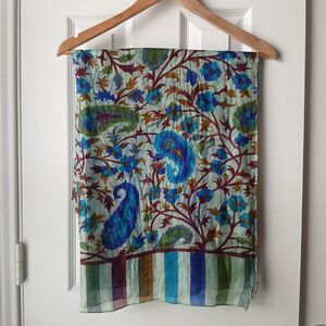 Solitaire 100% Silk Scarf Blue Paisley Multicolored Rectangle Boho Scarf 29"×68"